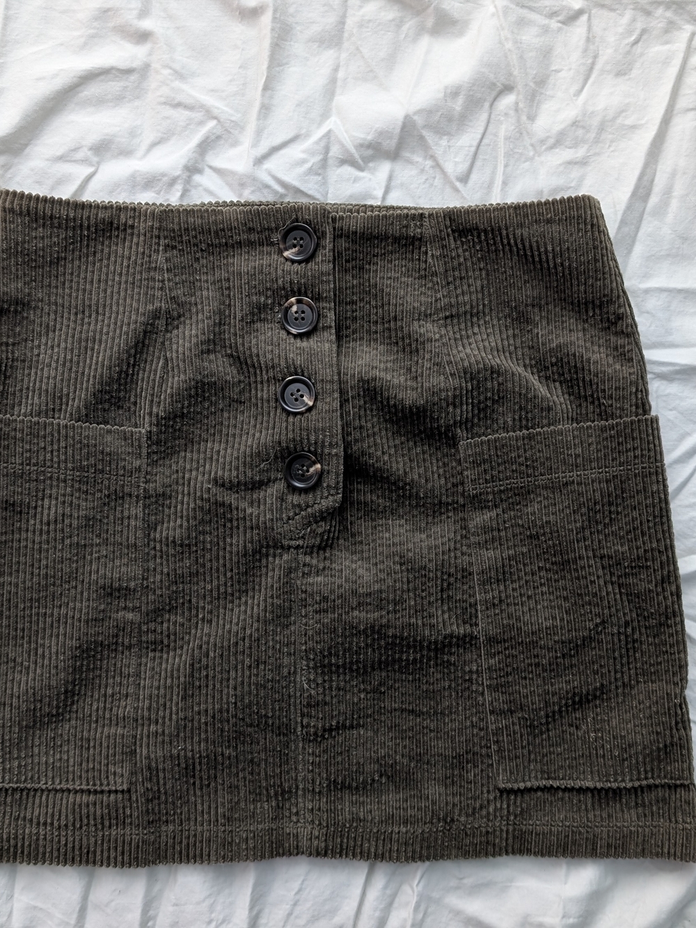 Lumiere Olive Green Corduroy Button-Front Mini Skirt